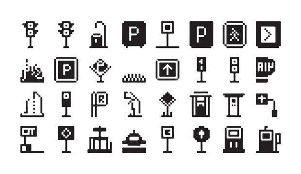 Pixelated signage collection comprising traffic signals parking signs road markers and city infrastructure.