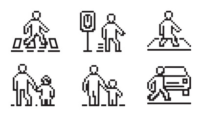 Pixel art pedestrian icons illustrating people crossing streets and road safety signs for digital designs. © MD.RAHIM