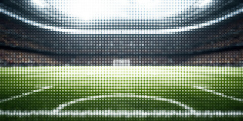 Wide angle of soccer stadium with shining floodlights illuminates bright green field, e, stands filled with fans waiting start of football game. 3D render. Concept of championship, sports, league. © El Muhammad