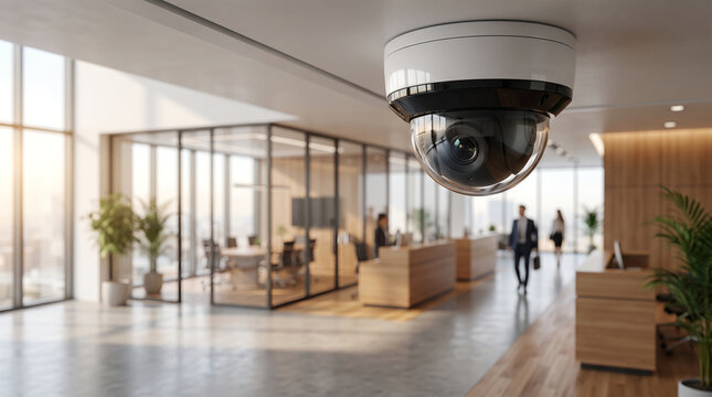 White dome security camera mounted on a ceiling, with a wide angle glass lens, monitoring activities with blurred people walking, inside a bright modern corporate office lobby, stock photography