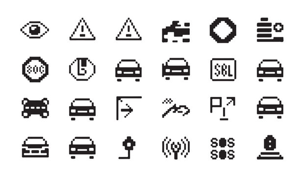 Collection of pixel art icons for traffic and road signs including cars warning signs and traffic control devices.
