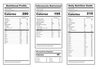 Fototapeta premium Three different nutritional information labels with calorie counts
