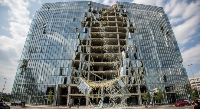 Glass office building facade collapsing, showing structural damage and material degradation during urban deconstruction, with debris falling from shattered windows