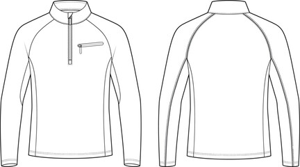 Technical fashion flat sketch of mens long sleeve half zip pullover with chest pocket front and back views © bipul stok