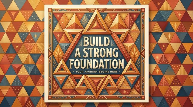 Build a Strong Foundation, Your Journey Begins Here motivational graphic with geometric patterns