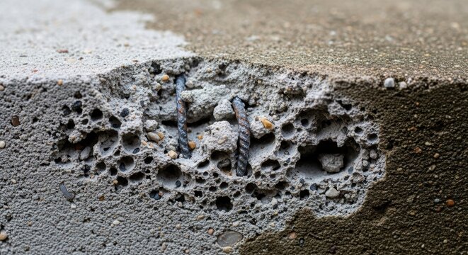 Concrete spalling featuring exposed rebar with rust and corrosion showing structural damage, material failure, and deterioration from erosion on a construction element