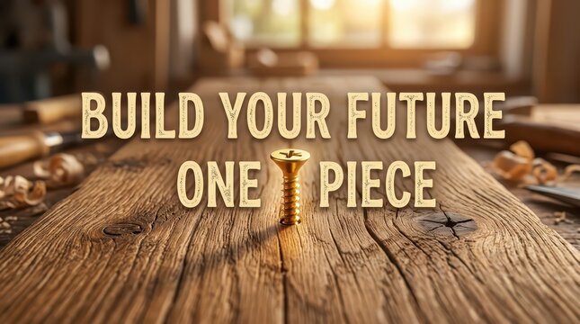 Carpentry workshop table with the inspiring quote "Build Your Future One Piece" overlayed, emphasizing craftsmanship and future building.