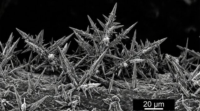 Lithium metal dendrites growing as sharp crystalline structures, on an anode surface, visualizing battery electrode degradation via scanning electron microscopy, demonstrating crystal growth.