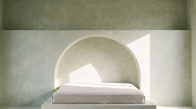Platform bed in a sunlit arched alcove of a sage green bedroom