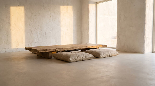 Low wooden table with linen floor cushions in a rustic plaster room