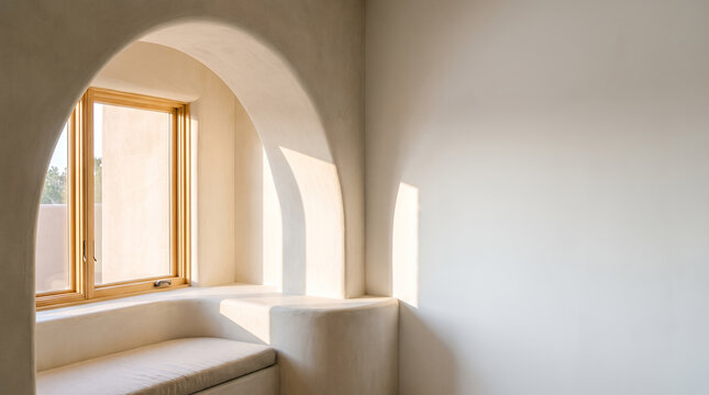 Sunlit arched alcove with a cushioned window seat in a serene room