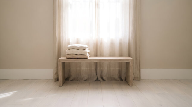 Stack of folded sweaters on a wooden bench in a serene neutral room