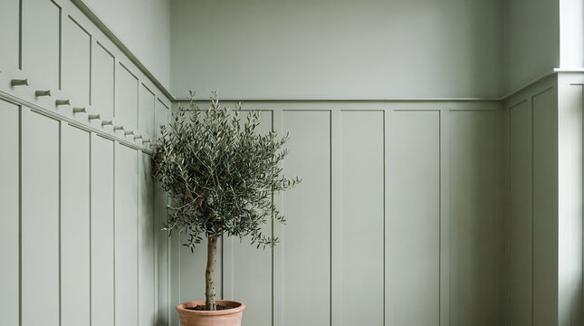 Potted olive tree against sage green panelled walls in a calm hallway