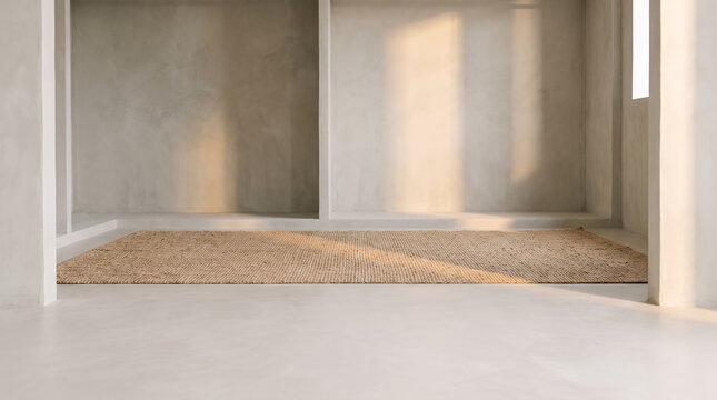 Empty minimalist room with plaster niches and jute rug