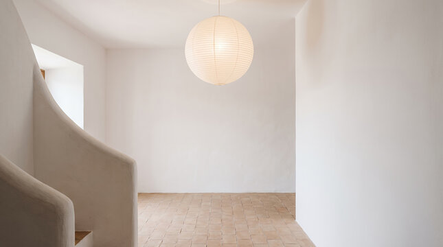 Minimalist hallway with paper lantern and terracotta tiled floor