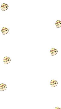 Cute cartoon faces peek from corners. Soft pastel colors dominate the image. Each face wears a tiny hat. Simple, playful, and cheerful. Great for children's designs or whimsical backgrounds