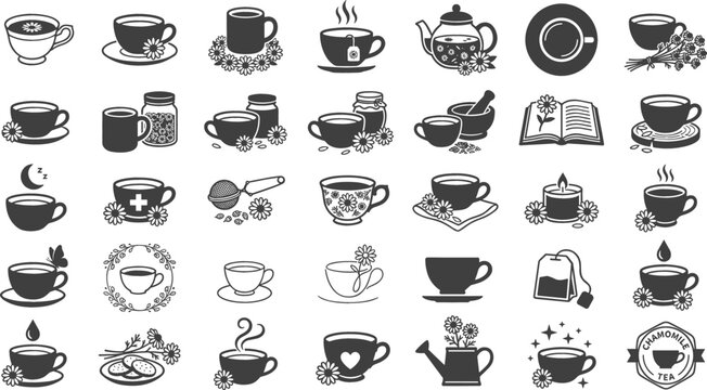 Chamomile Herbal Tea and Relaxation Icon Set with Hot Cups Teapots Honey Jars Infusers Teabags and Botanical Flowers for Caf&eacute; Menu and Wellness Designs