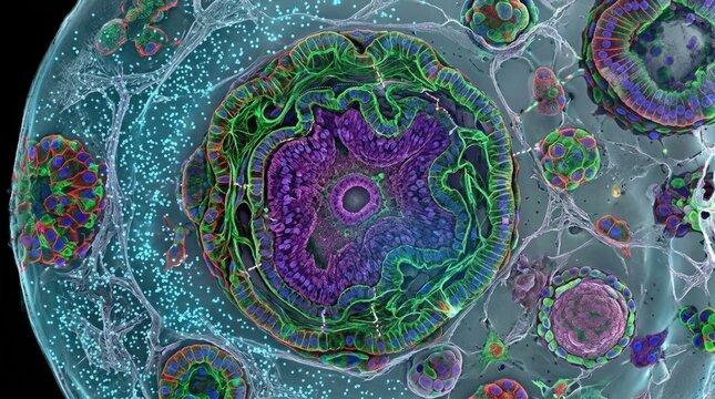 Stem cells developing, into intestinal organoid, fluorescent confocal microscopy view, displaying nucleic structure, epithelial membrane layer, tissue culture growth, regenerative medicine research.