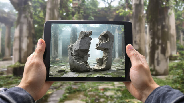 Person using AR museum guide on tablet. Digital heritage tour of ancient stone ruins.
