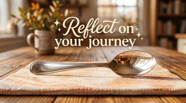Conceptual image of a spoon on a napkin with text 'Reflect on your journey', evoking thoughts of contemplation and life experiences.