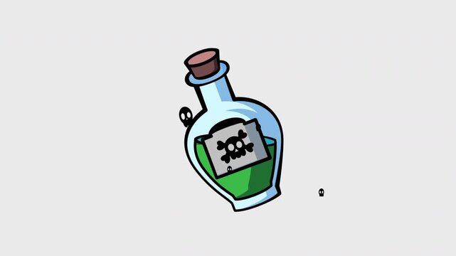 Seamless Loop Poison Bottle Animation with Skull Bubbles and Alpha Channel, Cartoon Witch Potion 2D Vector Motion Graphics