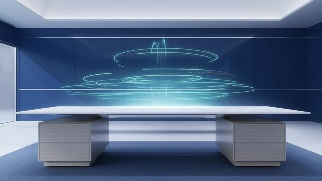 Futuristic conference table with holographic digital display in a modern blue boardroom