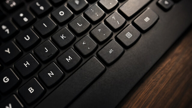 Close-up view of a sleek black computer keyboard on a dark wooden table surface for professional office work