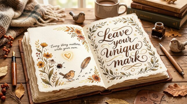 Cozy autumn writing desk with open journal, inspirational quotes, feathers, ink and vintage pen
