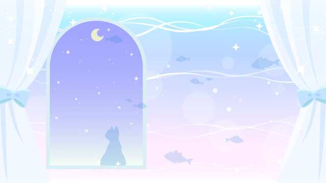 海の中の部屋と猫の幻想的な背景イラスト（配信用・壁紙・ファンタジー）