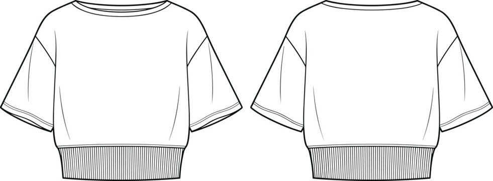 Technical fashion flat sketch of women short sleeve cropped top with ribbed hem front and back views