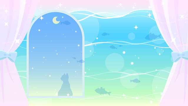 海の中の部屋と猫の幻想的な背景イラスト（配信用・壁紙・ファンタジー）