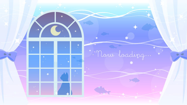 海の中の部屋と猫の幻想的な背景イラスト（配信用・ロード画面・ファンタジー）