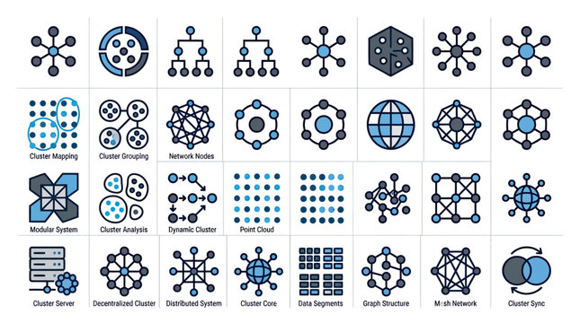 Abstract network node and data cluster vector icon set for technology concepts