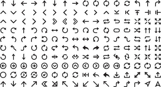 Set of diverse arrow icons and directional symbols in black and white