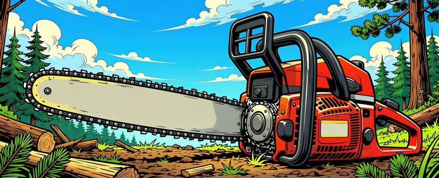 Red chainsaw rests on ground in pine woods. Sharp metal blade sits near felled tree logs. Bright blue sky with clouds forms background. Industrial power tool used for deforestation wood cutting
