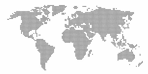 world map in black dots on white background dotwork halftone geography continents oceans globe earth cartography vector graphic illustration design © Bijoy