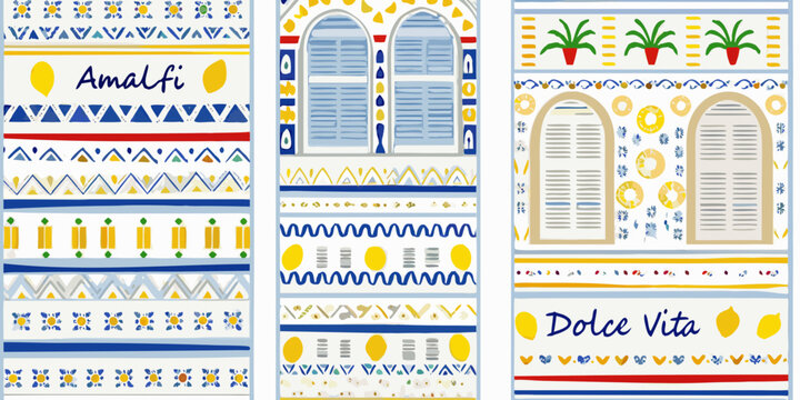 illustration of italian coastal scenes with lemons and shutters windows amalfi dolce vita vector pattern blue yellow white stripes decorative