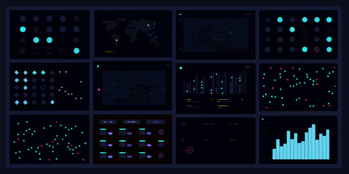 analytics dashboard grid with dark mode interface data visualization charts graphs world map metrics statistics monitoring performance analysis information design