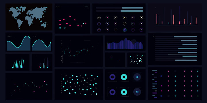 analytics dashboard with various charts and graphs in dark mode world map data visualization bar chart line graph scatter plot