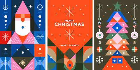 modern geometric christmas posters with abstract shapes and festive colors santa tree stars vector illustration holiday greeting design pattern winter © Bijoy