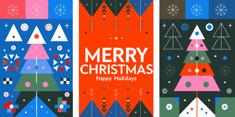 modern geometric christmas posters with abstract shapes and festive colors triangle snowflake holiday design vector illustration pattern background winter greeting © Bijoy