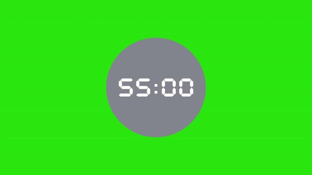 Digital countdown timer counting down from 60 minutes to 30 seconds on a green screen background for easy chroma keying and alpha channel replacement in video editing projects