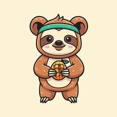 Obraz premium Cute Cartoon Sloth Holding Fresh Mango Fruit