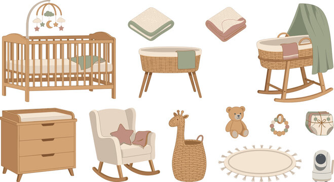 Boho Nursery Furniture and Baby Room Decor Vector Set Featuring Crib Bassinet Changing Table Rocking Chair and Toys