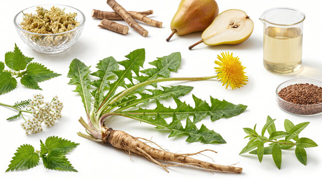 Holistic botanical arrangement featuring fibrous dandelion roots, serrated leaves, and golden apothecary oil for natural medicinal formulations.
