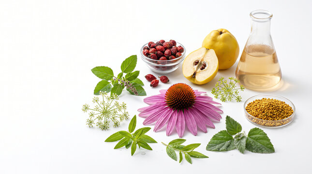Microscopic botanical textures of echinacea petals and rosehip berries surrounding a glass laboratory flask for organic cosmetic development.