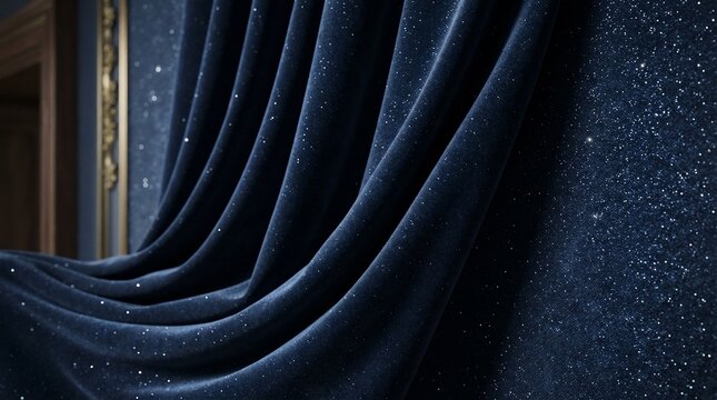 Dark blue velvet fabric with sparkling stars close up drapery