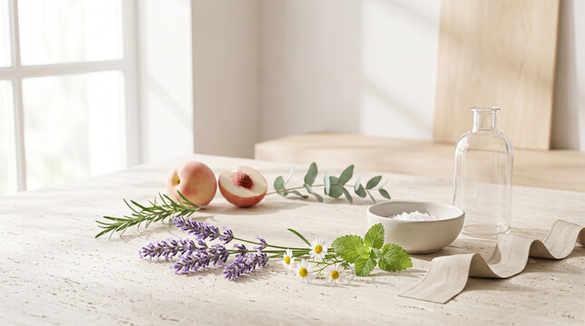 Highlighting the granular texture of travertine stone beneath fresh lavender sprigs, sliced peaches, and aromatic herbs in a minimalist sunlit room.