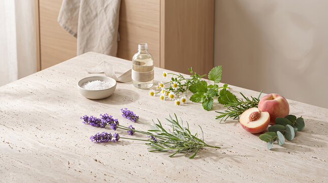 Holistic wellness ritual displayed on textured travertine stone featuring fresh lavender, chamomile, aromatic rosemary, and succulent peach slices.