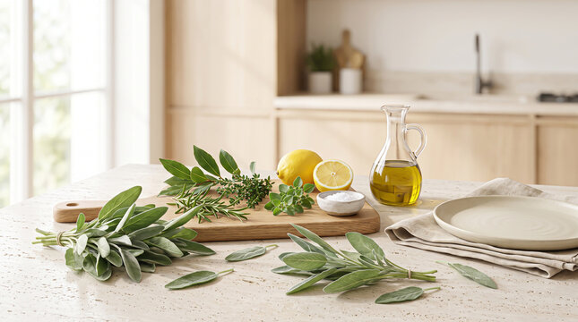 The Microscopic Veins on Fresh Sage Leaves Arranged with Citric Zest and Extra Virgin Olive Oil on a Sunlit Marble Countertop in a Modern Kitchen.